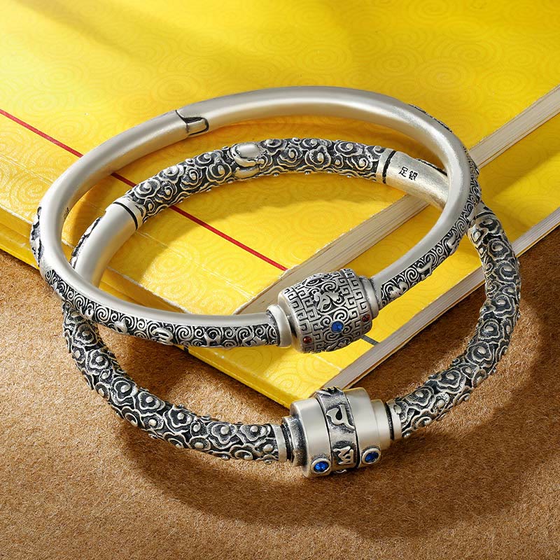 Buddha Stones 990 Sterling Silver Tibetan Auspicious Clouds Om Mani Padme Hum Engraved Creativity Bracelet Bangle - image 2