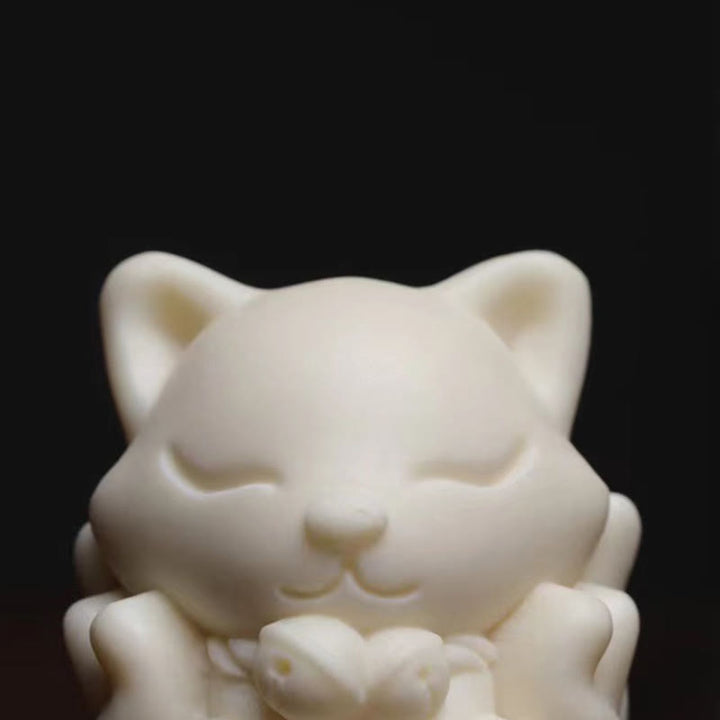 Buddha Stones Mini Nine Tailed Fox Ivory Fruit Sandalwood Green Sandalwood Blessing Decoration