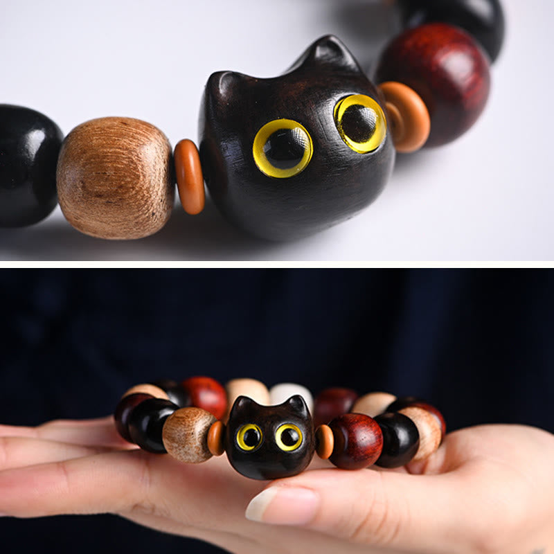 Buddha Stones Small Leaf Red Sandalwood Ebony Wood Cute Cat Engraved Protection Bracelet - image 9