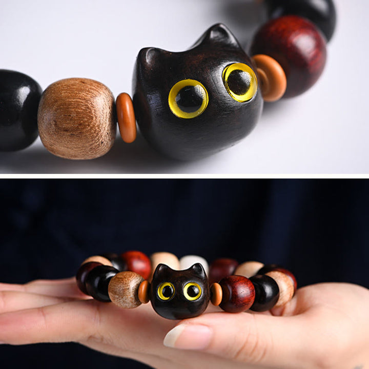 Buddha Stones Small Leaf Red Sandalwood Ebony Wood Cute Cat Engraved Protection Bracelet - image 9