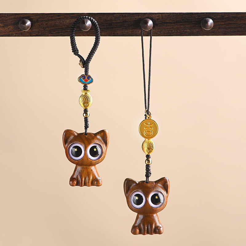 Buddha Stones Green Sandalwood Lucky Cat Koi Fish Cure Key Chain Phone Hanging Decoration - image 1