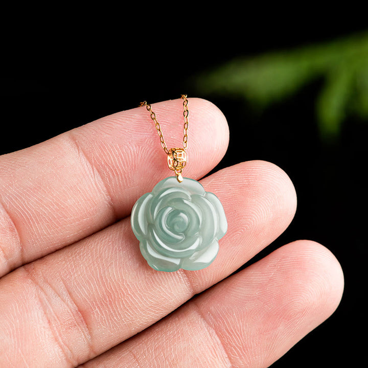 Buddha Stones 18K Gold Buckle 925 Sterling Silver Chain Natural Jade Rose Luck Necklace Pendant - image 5