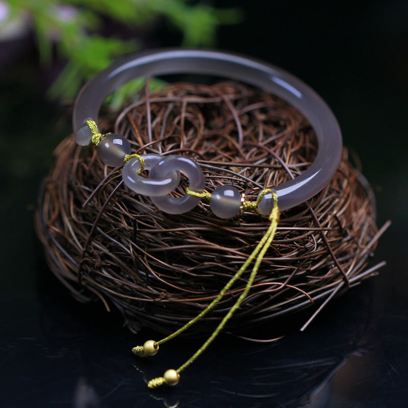 Buddha Stones Natural Gray Agate Double Peace Buckle Balance Bracelet Bangle - Gray Agate(Focus♥Positivity)(Inner Diameter 58-60mm) - image 1