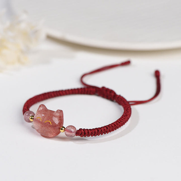 Buddha Stones Handmade Natural Silver Sheen Obsidian Strawberry Quartz Cute Cat Protection Braided Bracelet - image 11