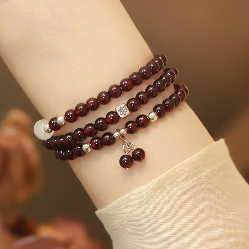 Buddha Stones 925 Sterling Silver Natural Garnet Cat Eye Protection Triple Wrap Bracelet - 18cm - image 1