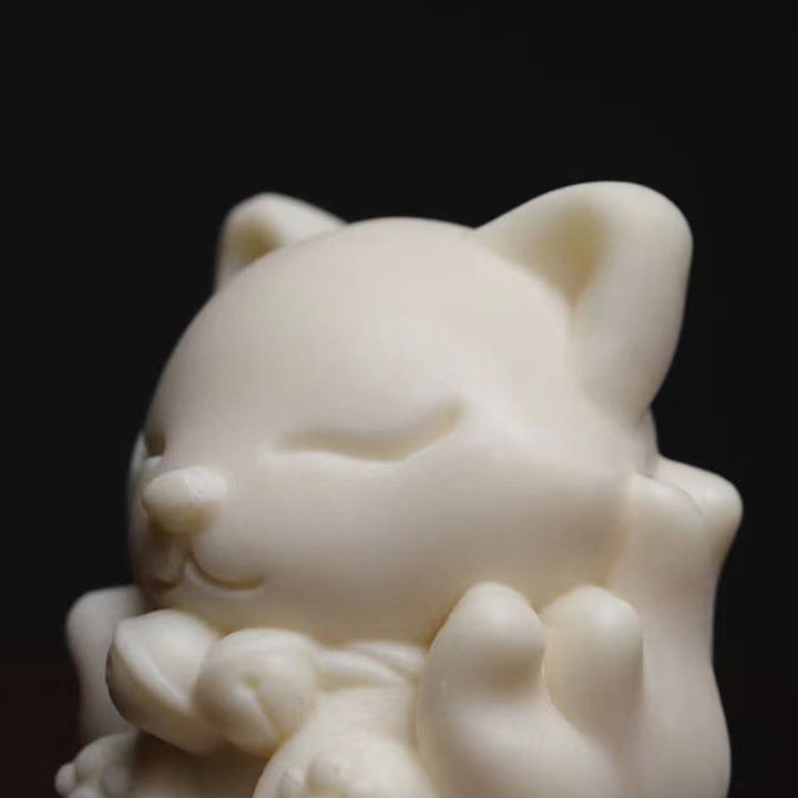 Buddha Stones Mini Nine Tailed Fox Ivory Fruit Sandalwood Green Sandalwood Blessing Decoration