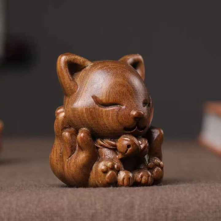 Buddha Stones Mini Nine Tailed Fox Ivory Fruit Sandalwood Green Sandalwood Blessing Decoration