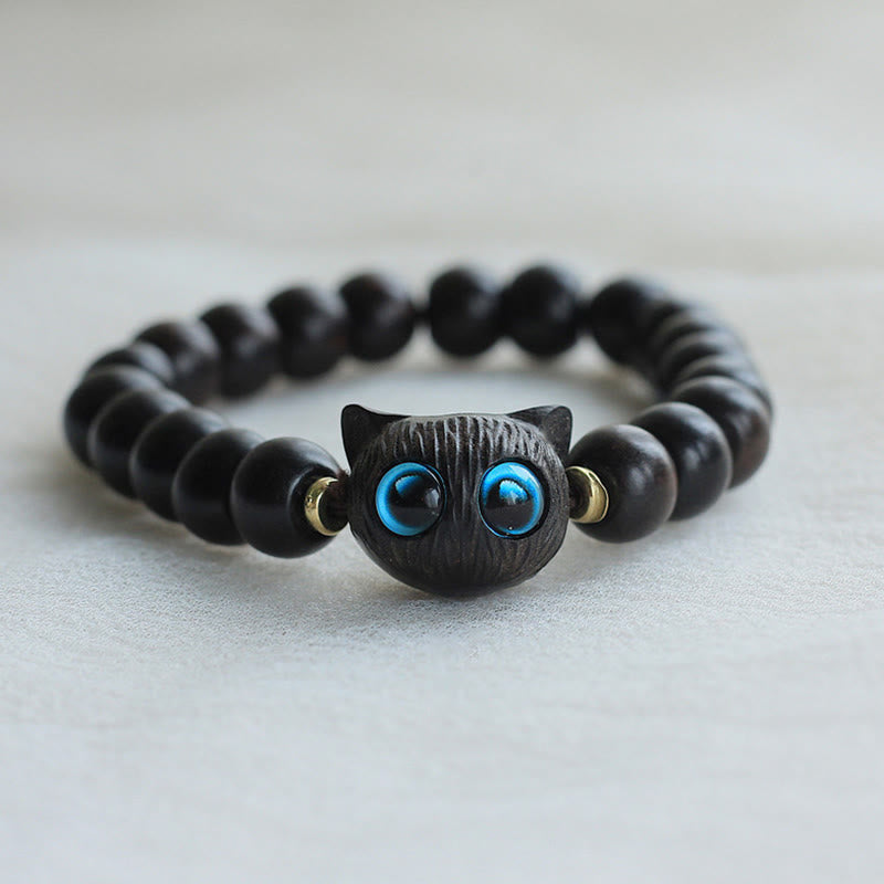 Buddha Stones Ebony Wood Green Sandalwood Cute Cat Peace Bracelet - Ebony Wood(Balance♥Calm) - image 1