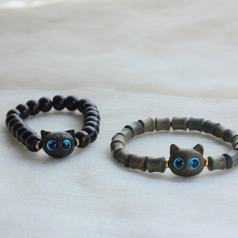 Buddha Stones Ebony Wood Green Sandalwood Cute Cat Peace Bracelet - image 2