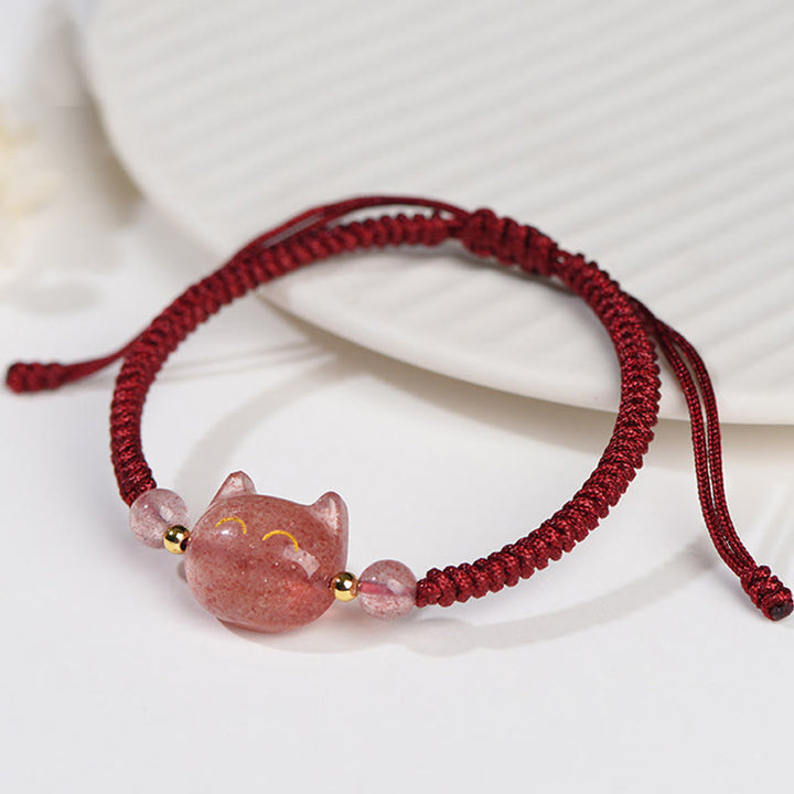 Buddha Stones Handmade Natural Silver Sheen Obsidian Strawberry Quartz Cute Cat Protection Braided Bracelet - image 10