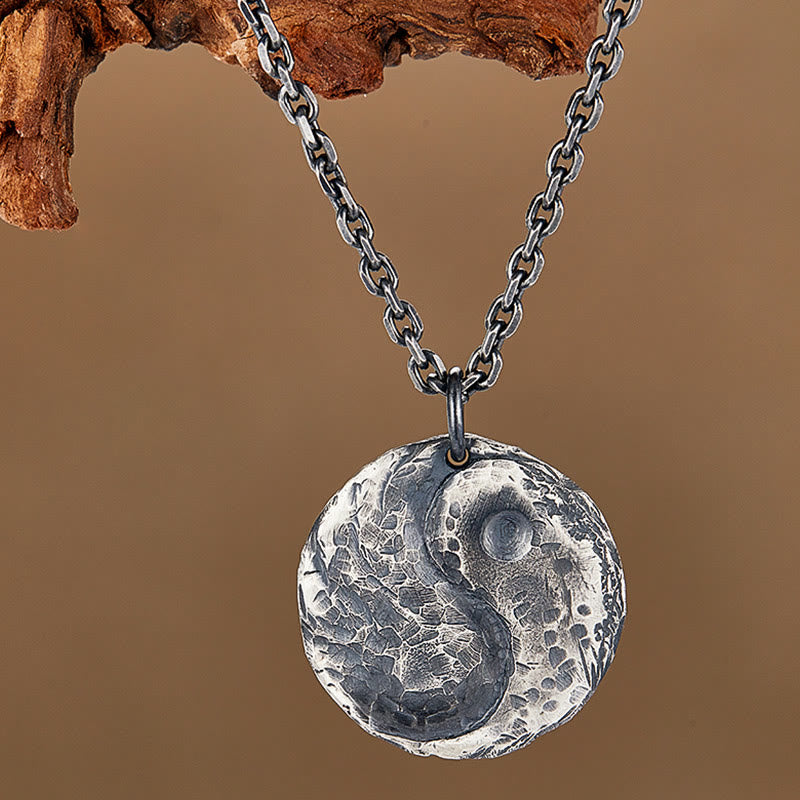 Buddha Stones 990 Sterling Silver Yin Yang Hammer Texture Harmony Necklace Pendant - image 2