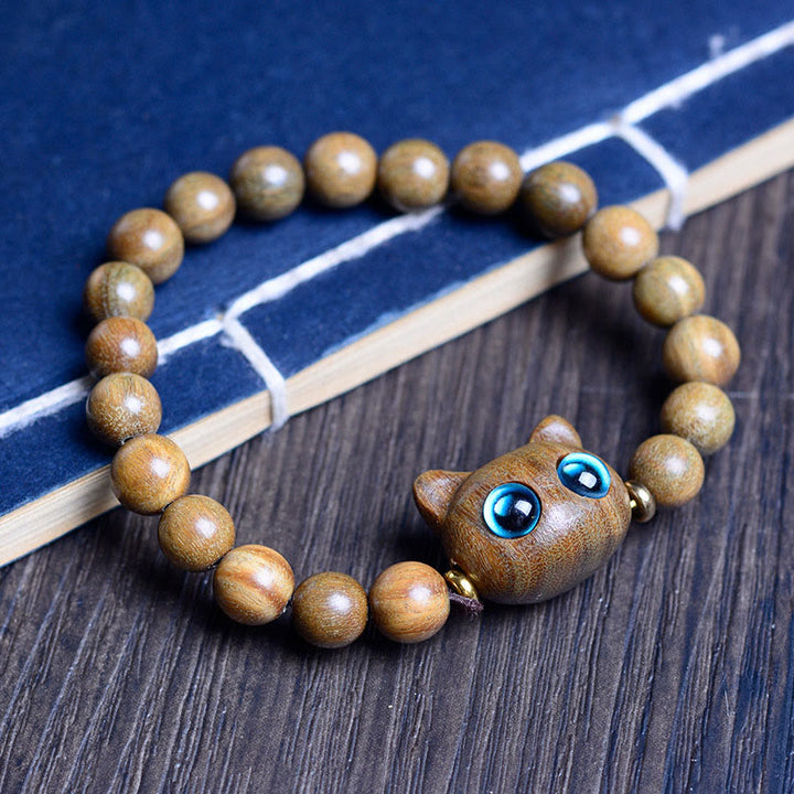 Buddha Stones Ebony Wood Green Sandalwood Red Sandalwood Lovely Cat Balance Bracelet - Green Sandalwood Cat 8mm*20 Beads(Wrist Circumference 14-16cm) - image 9