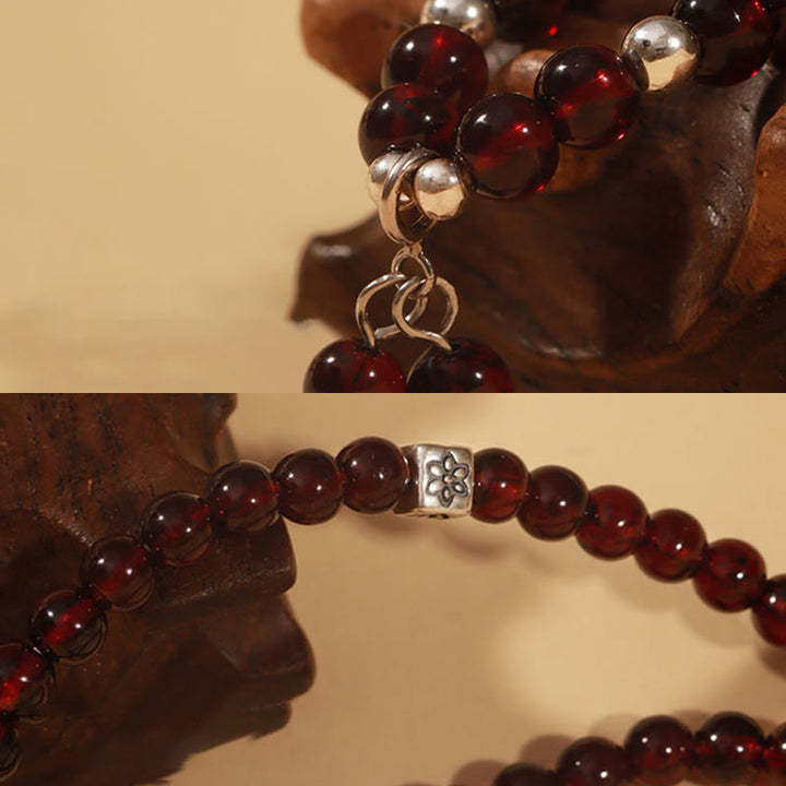 Buddha Stones 925 Sterling Silver Natural Garnet Cat Eye Protection Triple Wrap Bracelet - image 5