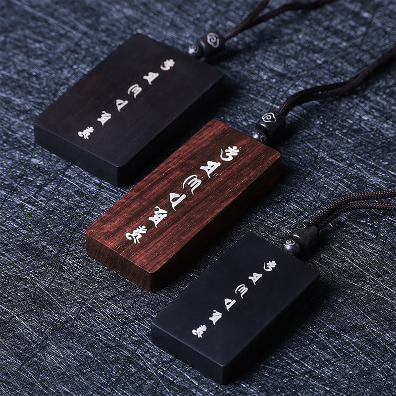 Buddha Stones 999 Sterling Silver Small Leaf Red Sandalwood Ebony Wood Om Mani Padme Hum Inlaid Protection Necklace Pendant - image 2