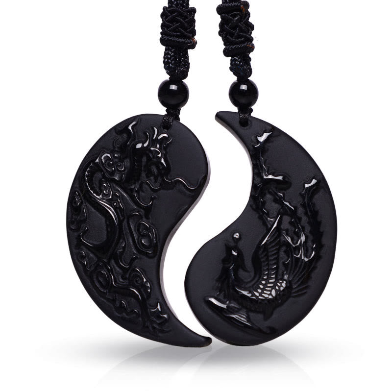 Buddha Stones Black Obsidian Yin Yang Dragon Phoenix Luck Necklace Pendant - image 1