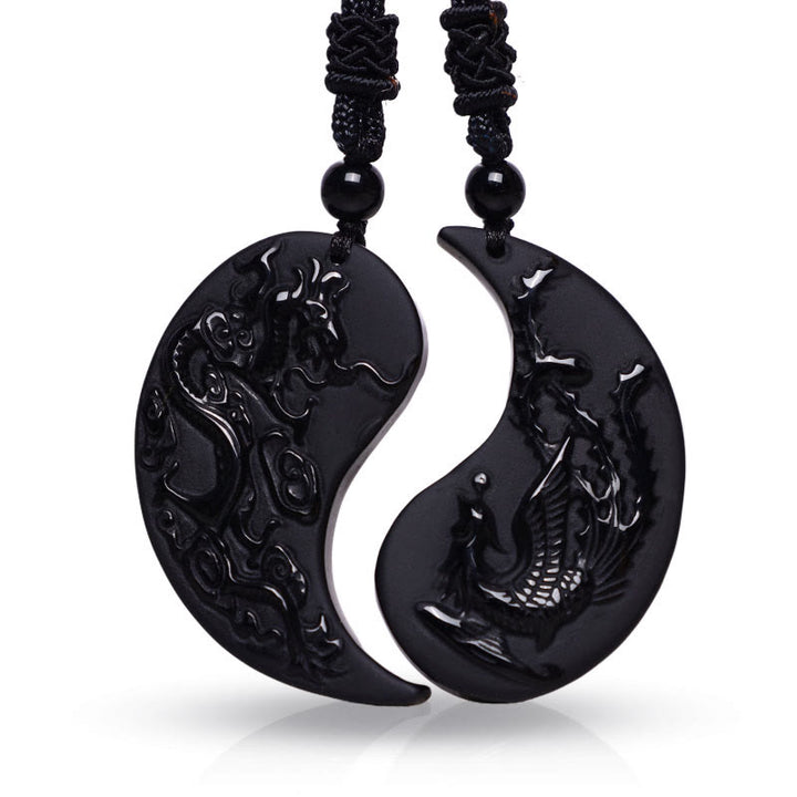 Buddha Stones Black Obsidian Yin Yang Dragon Phoenix Luck Necklace Pendant - image 1