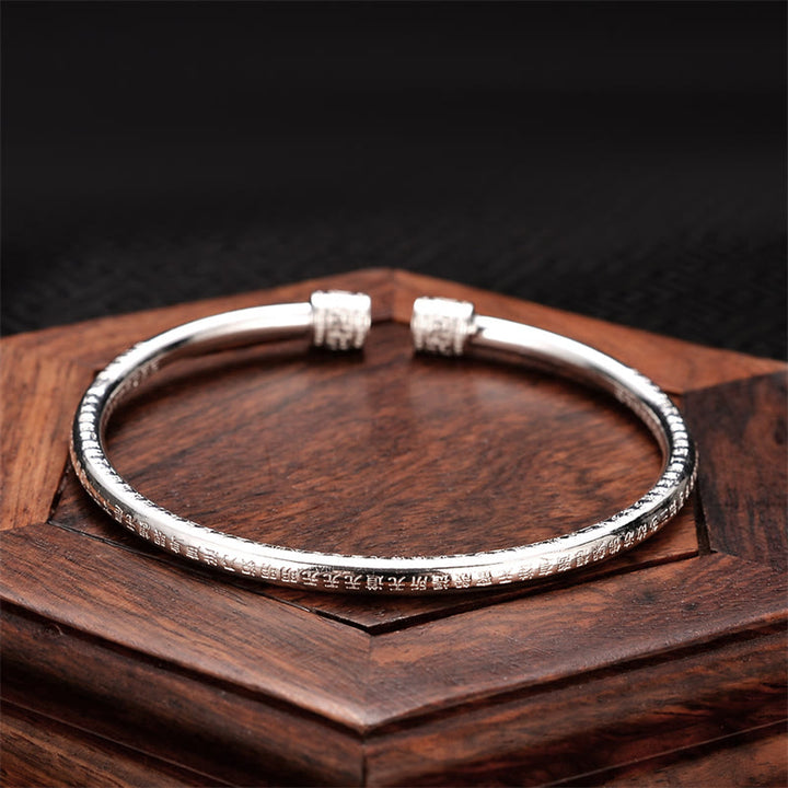 Heart Sutra Engraved Swastika Pattern Luck White Copper Bracelet Bangle - Heart Sutra Bangle - image 1