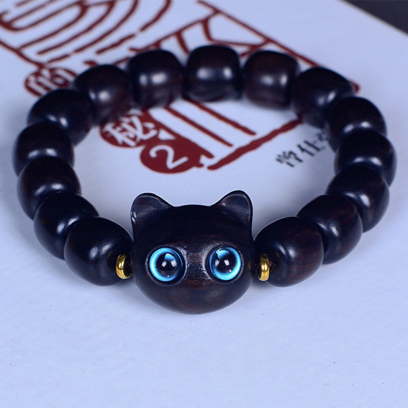 Buddha Stones Ebony Wood Liuli Glass Lovely Cat Peace Balance Bracelet - Ebony 12*11mm*15 Beads(Wrist Circumference 14-16cm) - image 16