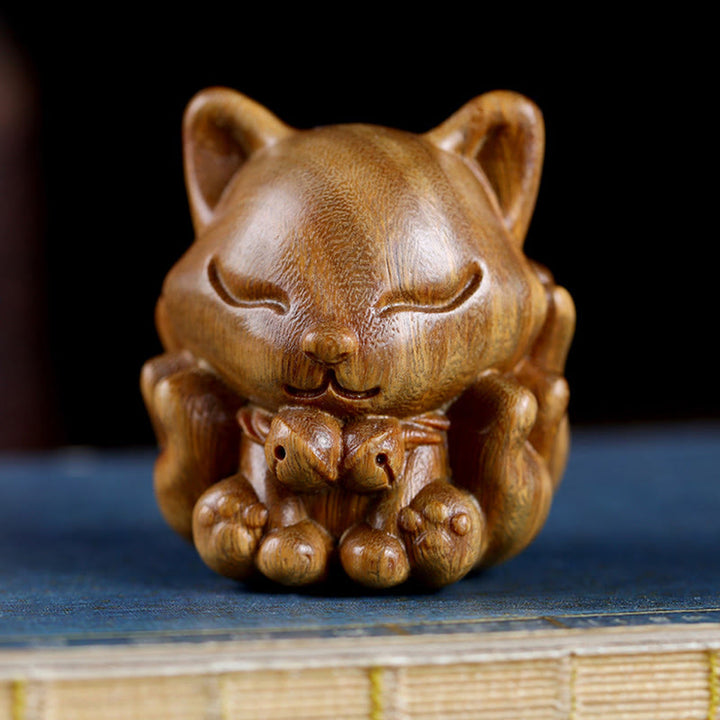 Buddha Stones Mini Nine Tailed Fox Ivory Fruit Sandalwood Green Sandalwood Blessing Decoration