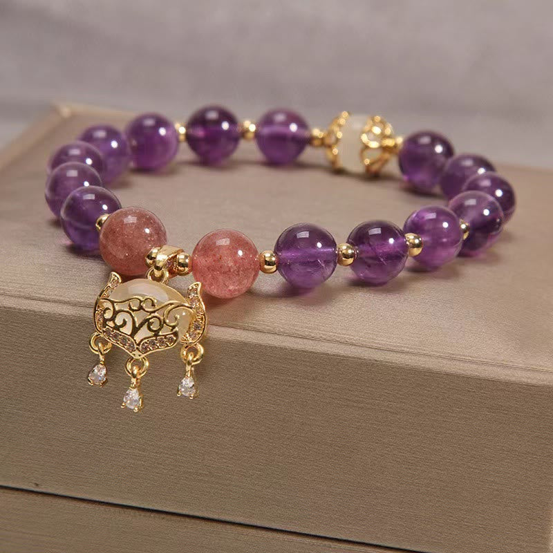 Buddha Stones Natural Amethyst Strawberry Quartz Cat Eye Chinese Lock Charm Healing Bracelet - image 4