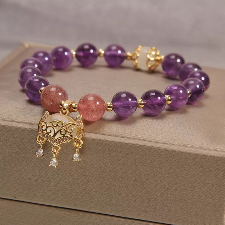 Buddha Stones Natural Amethyst Strawberry Quartz Cat Eye Chinese Lock Charm Healing Bracelet - image 4