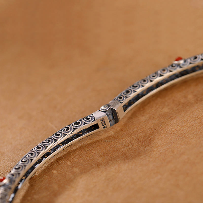 Vintage Tang Dynasty Flower Design Engraved Red Agate Copper Luck Bracelet Bangle - image 13