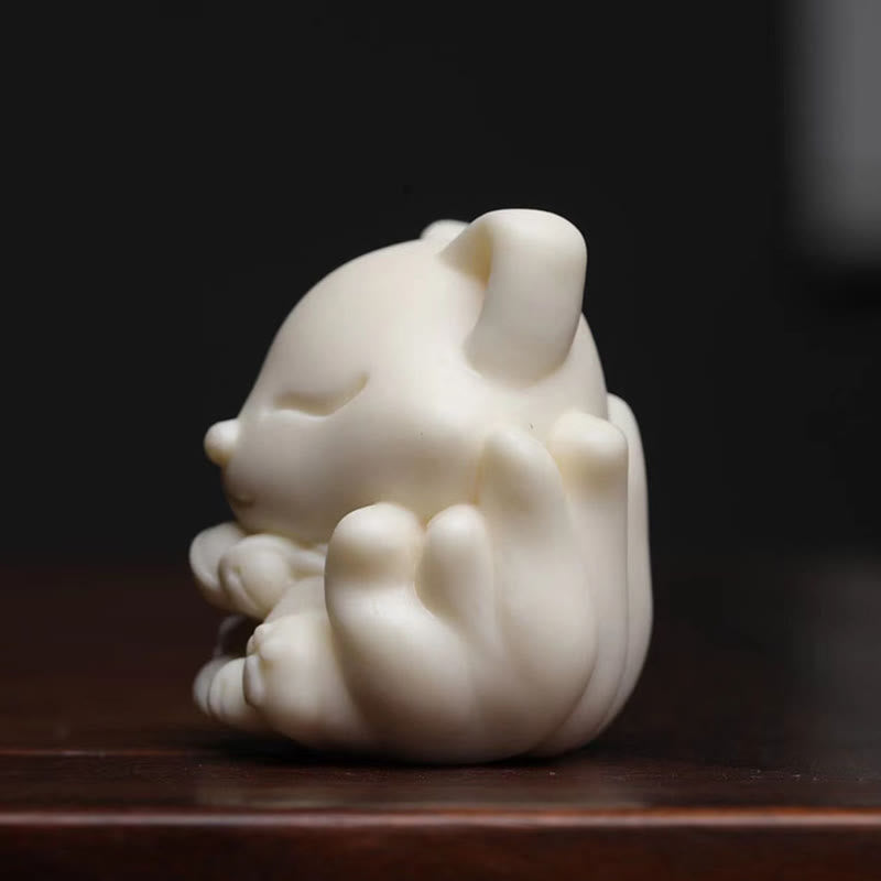 Buddha Stones Mini Nine Tailed Fox Ivory Fruit Sandalwood Green Sandalwood Blessing Decoration