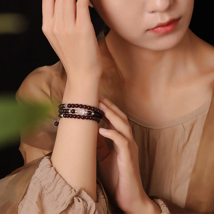 Buddha Stones 925 Sterling Silver Natural Garnet Cat Eye Protection Triple Wrap Bracelet - image 4