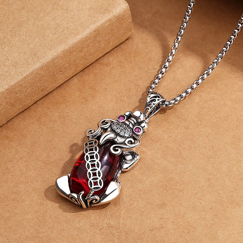 Buddha Stones PiXiu Garnet Copper Coin Wealth Luck Necklace Pendant - image 2