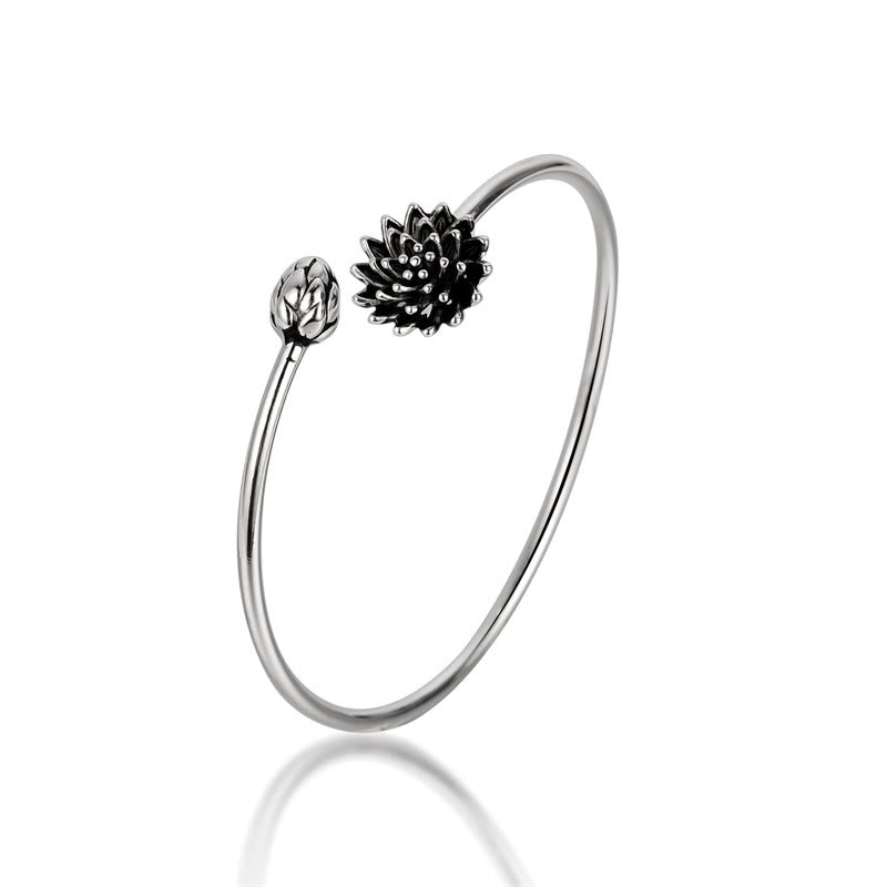 Buddha Stones Retro Lotus White Copper Enlightenment Bracelet Bangle - image 3