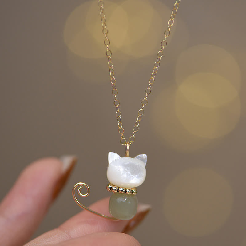 Buddha Stones 14K Gold Plated Pearl Hetian Jade Shell Luck Cat Kitten Necklace Pendant - Normal 14K Gold Plated - Pearl&Hetian Jade - image 5