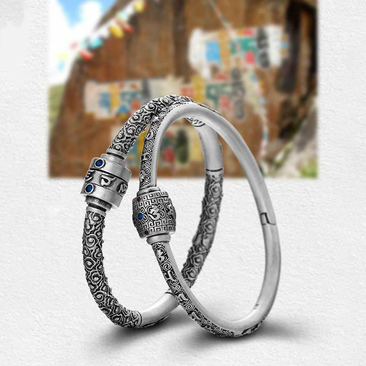 Buddha Stones 990 Sterling Silver Tibetan Auspicious Clouds Om Mani Padme Hum Engraved Creativity Bracelet Bangle - image 13