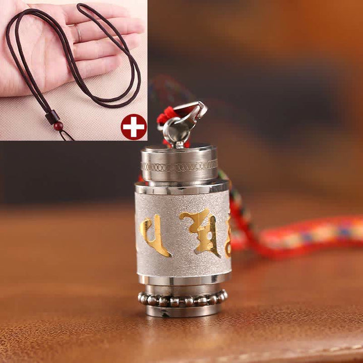 Buddha Stones Tibet Om Mani Padme Hum Shurangama Mantra Titanium Steel Wisdom Amulet Necklace Pendant - 1.4*2.4cm - Silver - Brown String - image 28