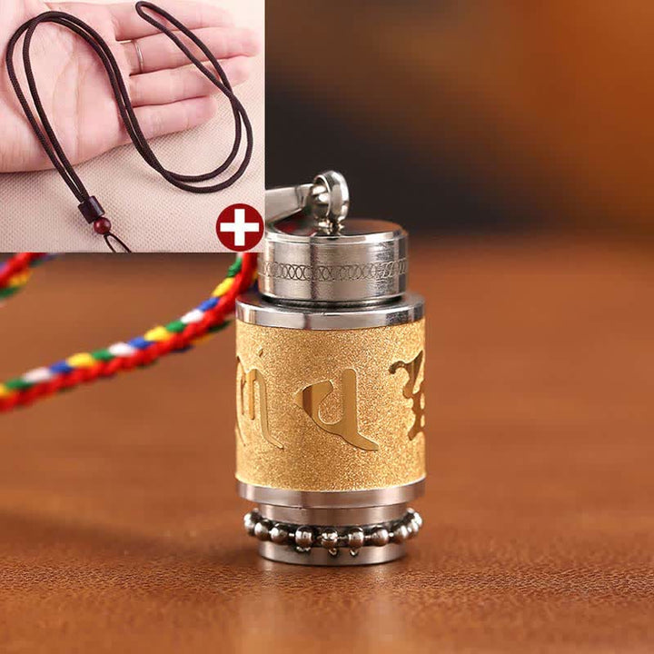 Buddha Stones Tibet Om Mani Padme Hum Shurangama Mantra Titanium Steel Wisdom Amulet Necklace Pendant - 1.4*2.4cm - Gold - Brown String - image 21