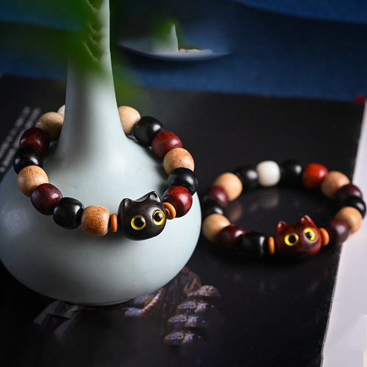 Buddha Stones Small Leaf Red Sandalwood Ebony Wood Cute Cat Engraved Protection Bracelet - image 20