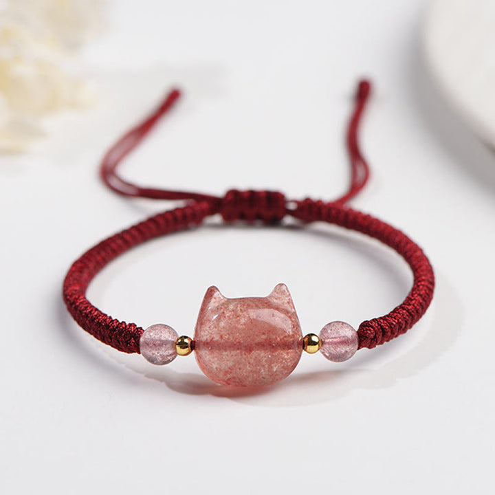 Buddha Stones Handmade Natural Silver Sheen Obsidian Strawberry Quartz Cute Cat Protection Braided Bracelet - Strawberry Quartz(Love♥Healing) - Lovely Cat - image 13