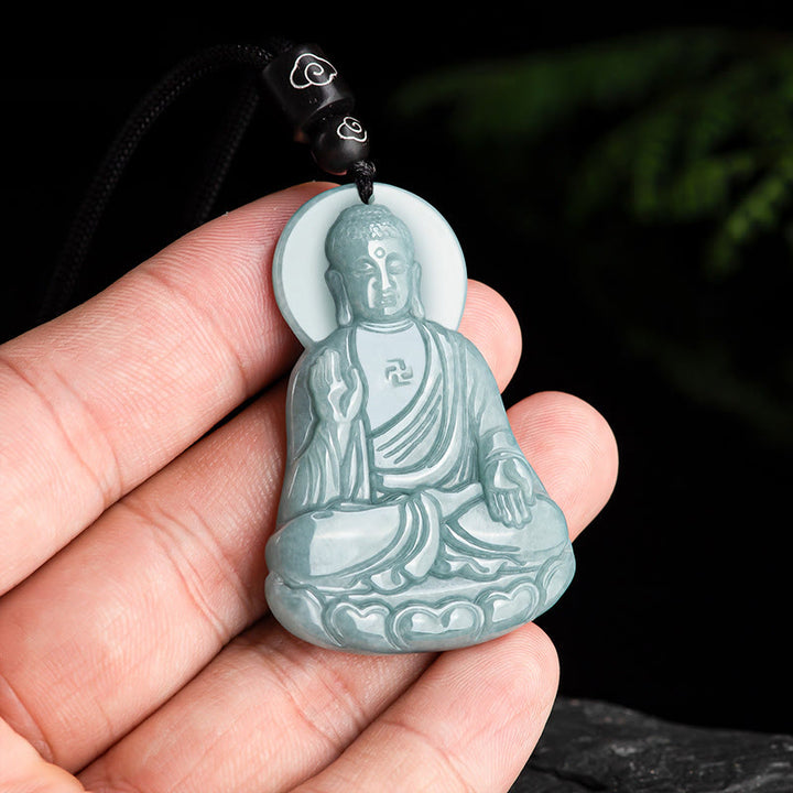 Buddha Stones Amitabha Buddha Natural Jade Lotus Amulet Compassion String Necklace Pendant - image 3