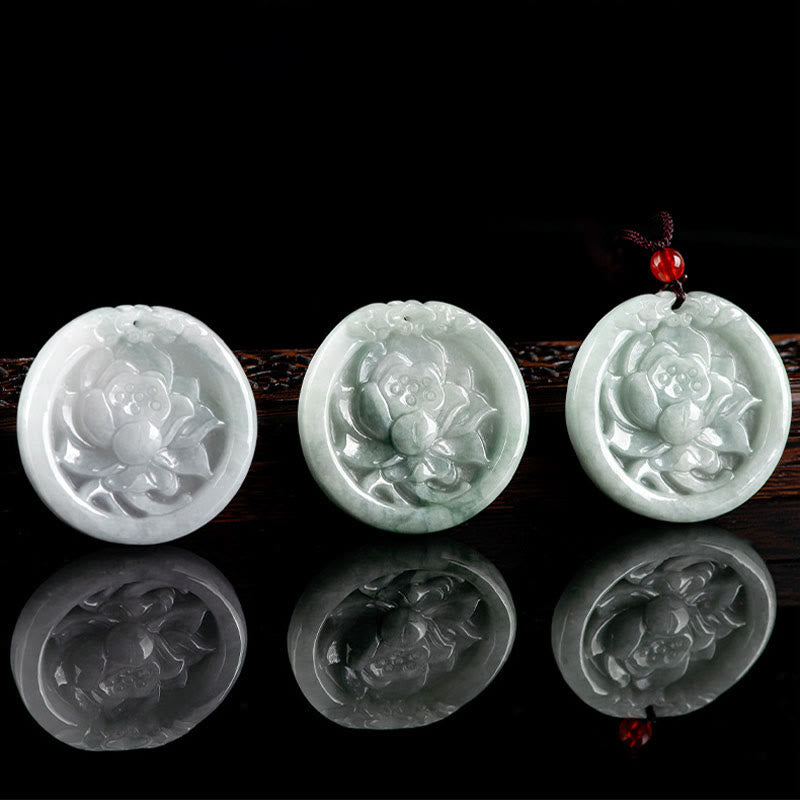 Buddha Stones Natural Jade Lotus Flower Carved Prosperity Necklace Pendant - image 6