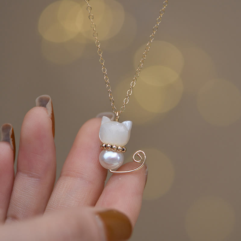 Buddha Stones 14K Gold Plated Pearl Hetian Jade Shell Luck Cat Kitten Necklace Pendant - image 3