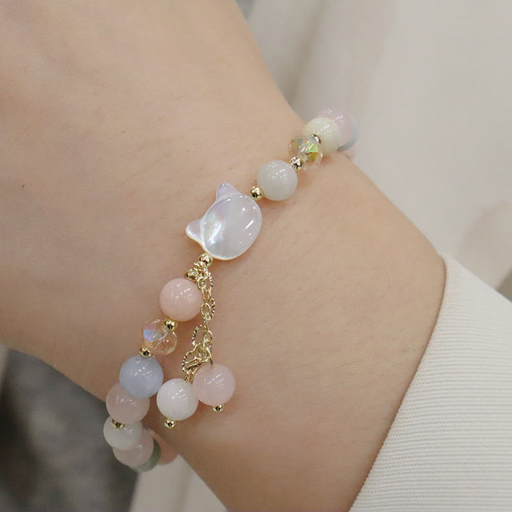 Buddha Stones Natural Strawberry Quartz Morganite Tridacna Stone Cat Love Bracelet - image 7