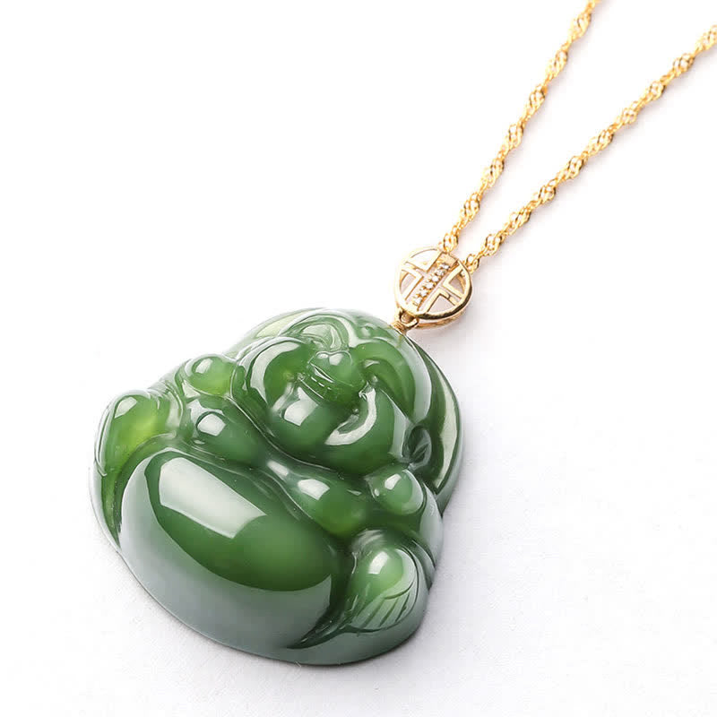 925 Sterling Silver Laughing Buddha Hetian Cyan Jade 18K Gold Success Necklace Chain Pendant - image 12