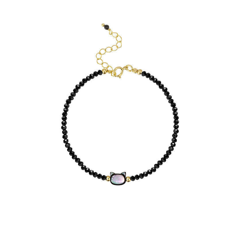 Buddha Stones 14K Gold Plated Black Spinel White Crystal Cute Cat Tridacna Stone Healing Bracelet - image 10