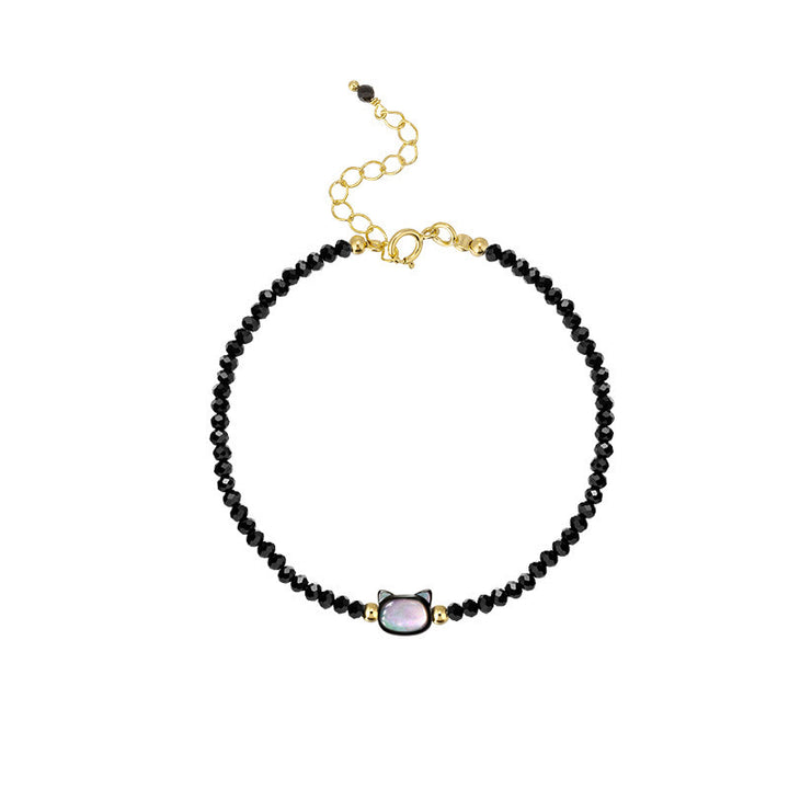 Buddha Stones 14K Gold Plated Black Spinel White Crystal Cute Cat Tridacna Stone Healing Bracelet - image 10