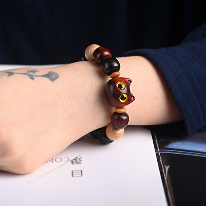 Buddha Stones Small Leaf Red Sandalwood Ebony Wood Cute Cat Engraved Protection Bracelet - image 16