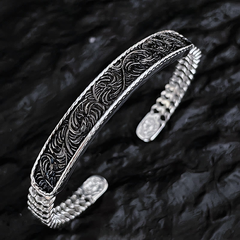 Tang Dynasty Flower Design Engraved Copper Luck Cuff Bracelet Bangle Adjustable Ring - Silver Tang Dynasty Flower Design - Bracelet Bangle - image 6