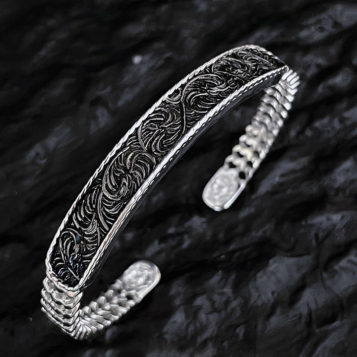 Tang Dynasty Flower Design Engraved Copper Luck Cuff Bracelet Bangle Adjustable Ring - Silver Tang Dynasty Flower Design - Bracelet Bangle - image 6