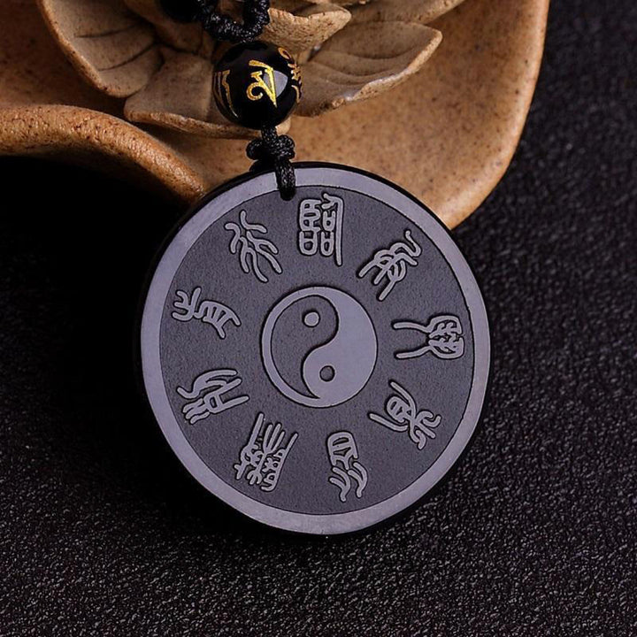 Buddha Stones Natural Black Obsidian Taoism Five Sacred Mountains Nine-Character Mantra Carved Strength Yin Yang Necklace Pendant Key Chain - image 2