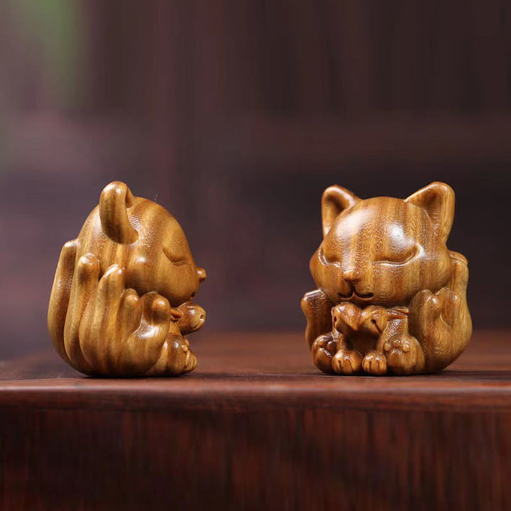 Buddha Stones Mini Nine Tailed Fox Ivory Fruit Sandalwood Green Sandalwood Blessing Decoration