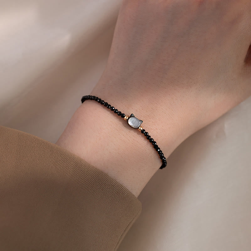 Buddha Stones 14K Gold Plated Black Spinel White Crystal Cute Cat Tridacna Stone Healing Bracelet - image 5