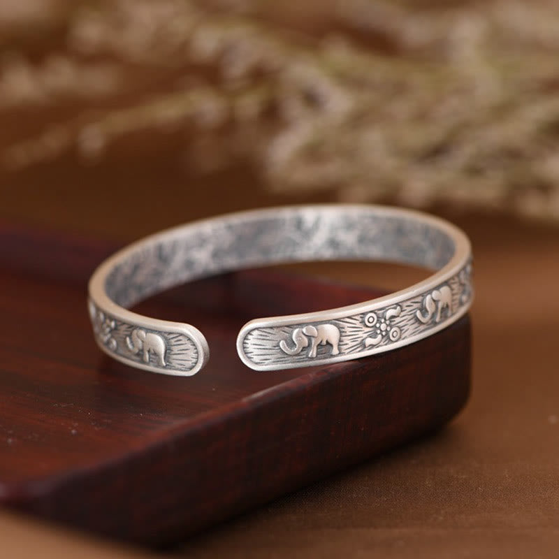 Buddha Stones 999 Sterling Silver Elephant Strength Wisdom Bracelet Cuff Bangle - image 4